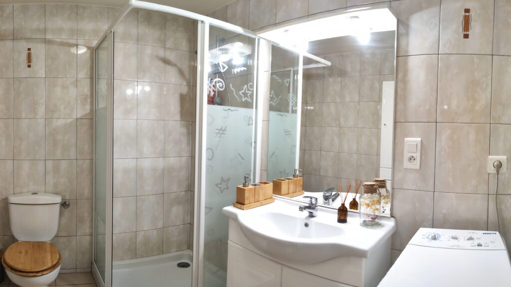 Private shower room with sink, toilet and washing machine